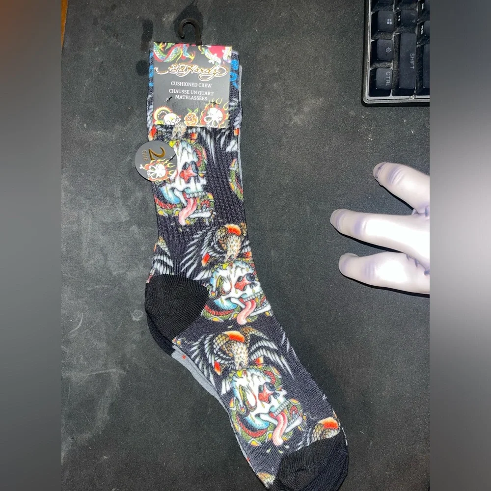 Ed Hardy Gray Crew Socks with Skull, Red Heart & Flame Graphics